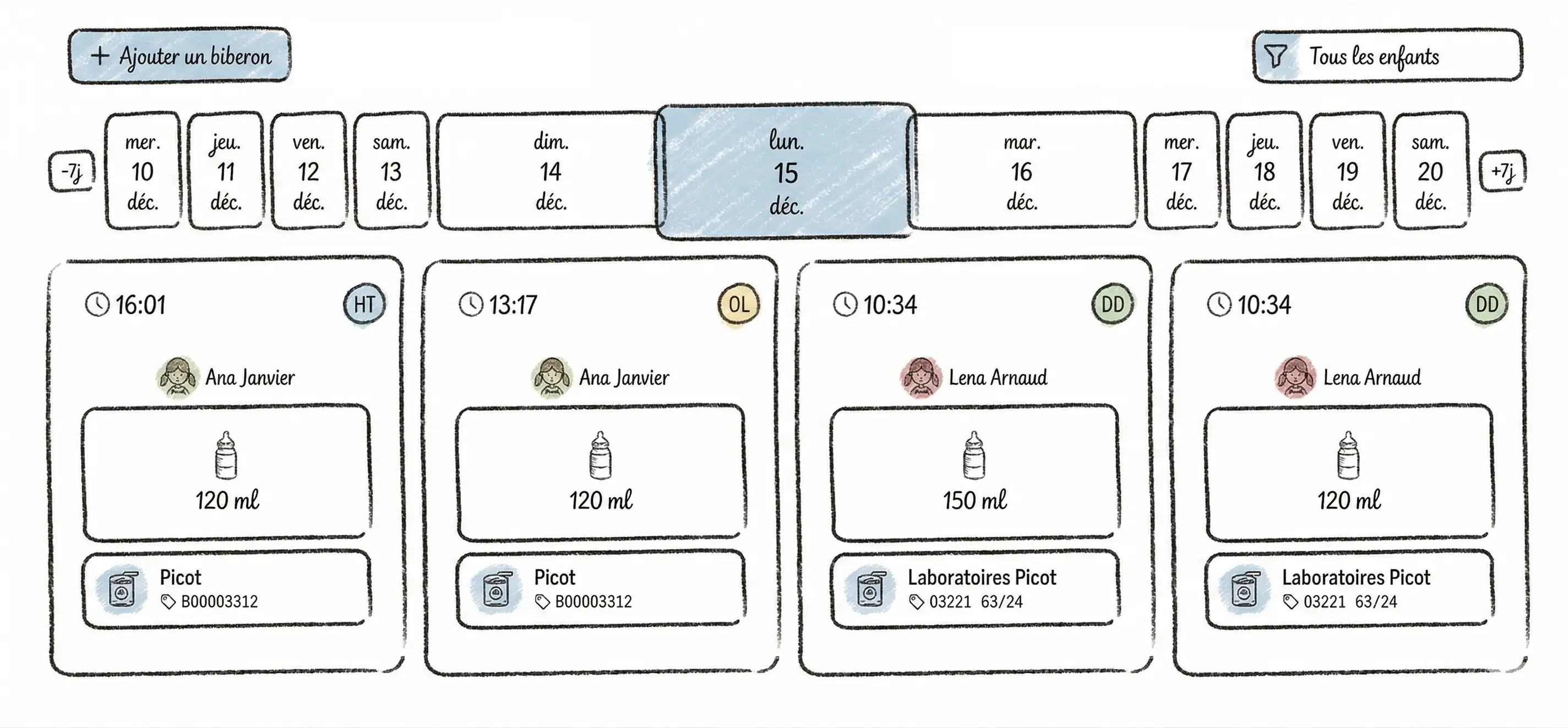 Mockup de l'interface Leia - suivi des biberons en crèche